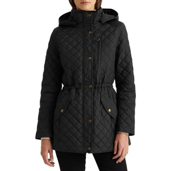 Lauren Ralph Lauren Hooded Quilted Faux-Suede Trim Coat Black Size LP NWT - Picture 1 of 13
